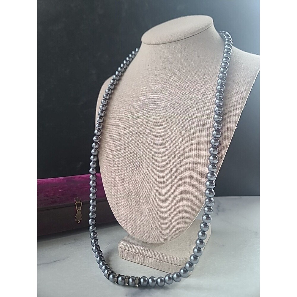 Gray Faux Pearl Beaded Necklace Rhinestone Accent Vintage, READ